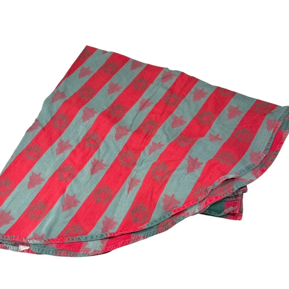 Red Green Striped Christmas Tablecloth Napkin Set Hand Woven Holiday Trees